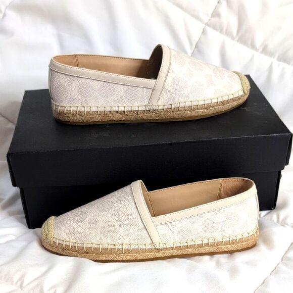 Coach size 5 Collins Canvas Espadrille Flats in Chalk White/Cream Logo, NEW - Picture 1 of 10